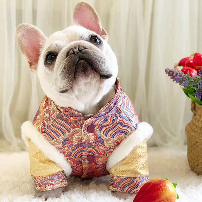 法斗拜年服新年装中式唐装中国风胖狗斗牛犬夹棉加厚狗狗衣服