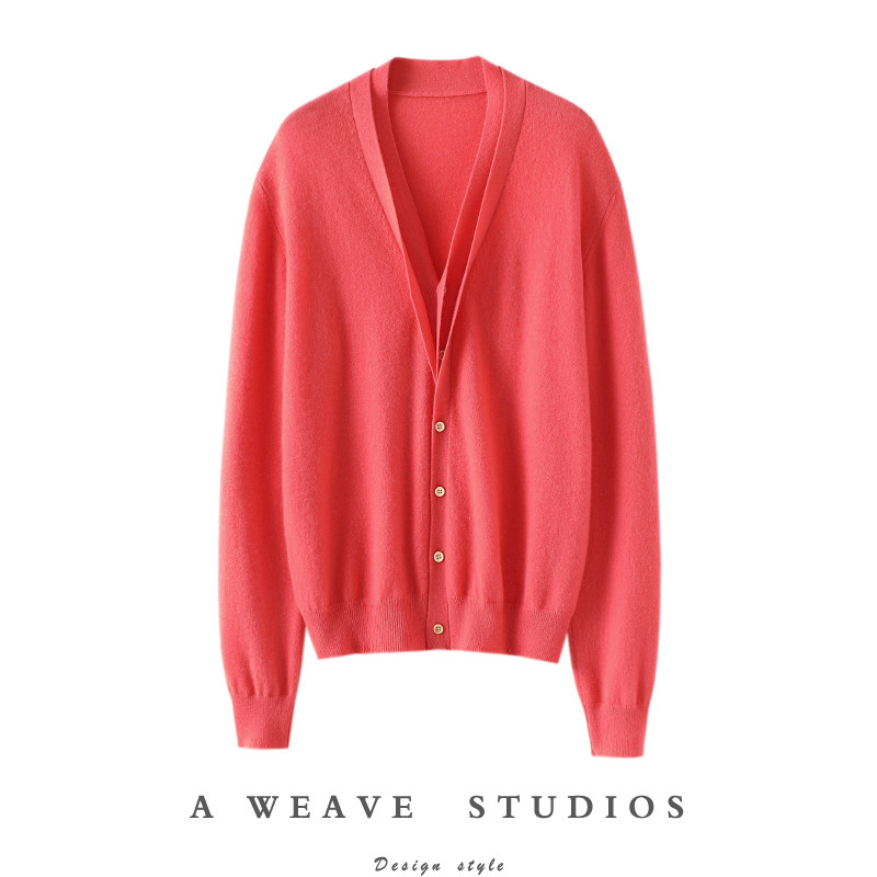 美得不平凡~假两件V领羊绒开衫女纯羊绒毛衣针织开衫外套宽松秋冬