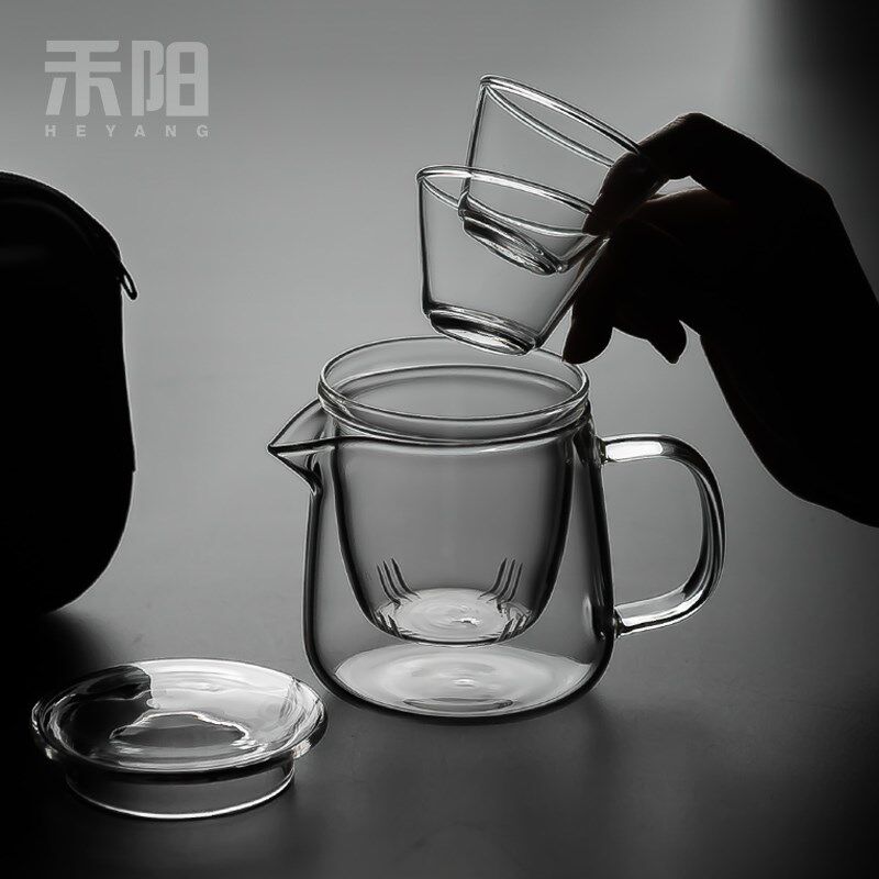 禾阳玻璃旅行茶具k套装日式功夫茶具便携式泡茶壶一壶二杯单人定
