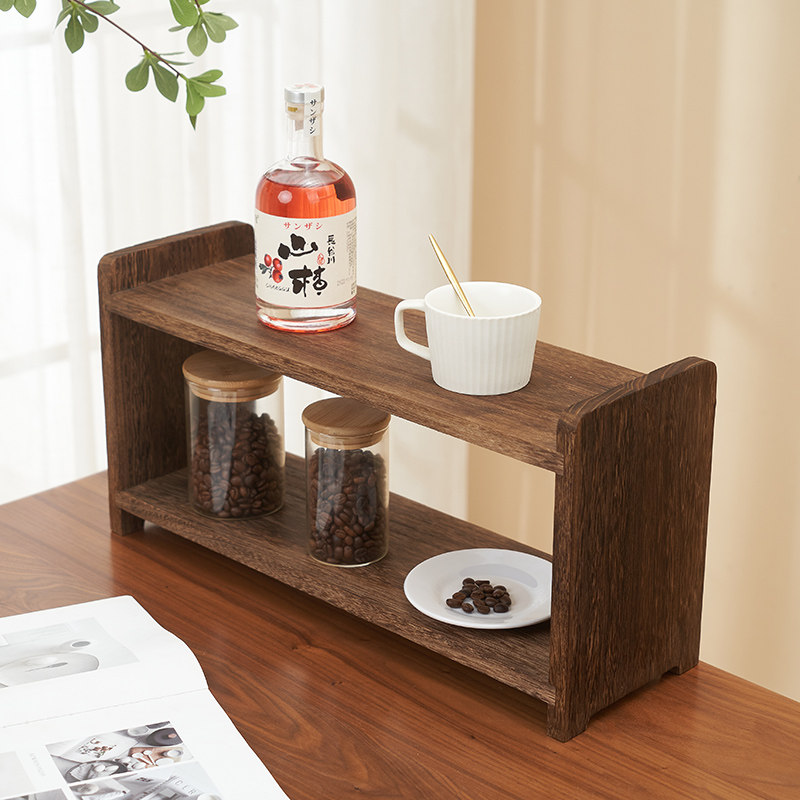实木质 桌面收纳置物架 茶水杯子碟盘茶具 咖S啡杯 储物小木架