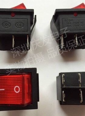 KCD4-201 4P船型开关 红色 4脚2档 带灯 10A 250V 31x25mm 现货
