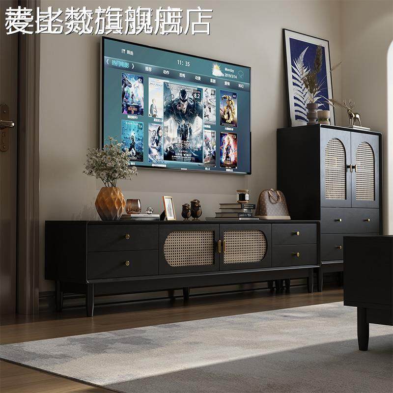 麦比梵藤编电视机柜茶几组合客厅家用2024新款小户型法式复古黑色高级感床笠拉车盖布