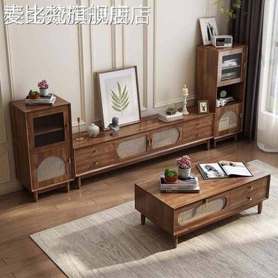 麦比梵全实木电视柜中古风藤编2025新款法式复古客厅家用小户型茶几组合床笠拉车