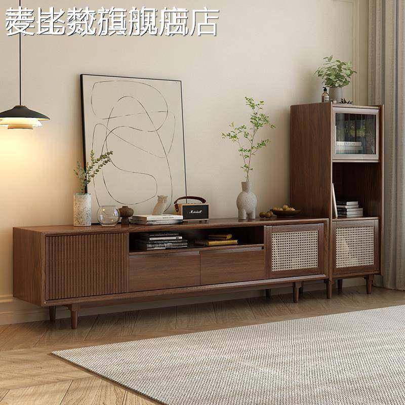 麦比梵中古风电视柜茶几组合复古藤编2025新款客厅家用小户型储物