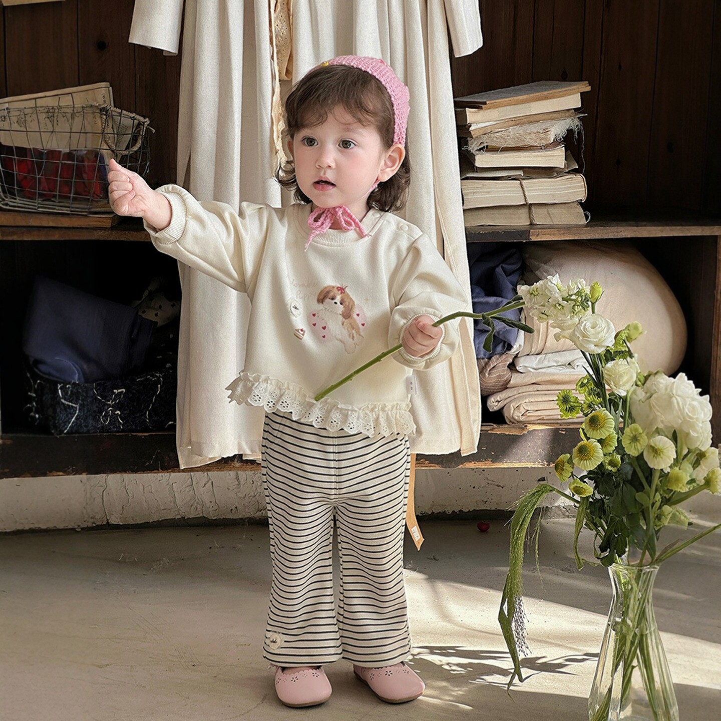 女童春季卡通卫衣套装宝宝洋气时髦花边上衣条纹裤子两件套2件套