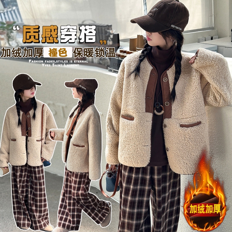 女童加厚毛绒外套套装2025冬季新款儿童皮毛一体毛毛衣加绒格子裤