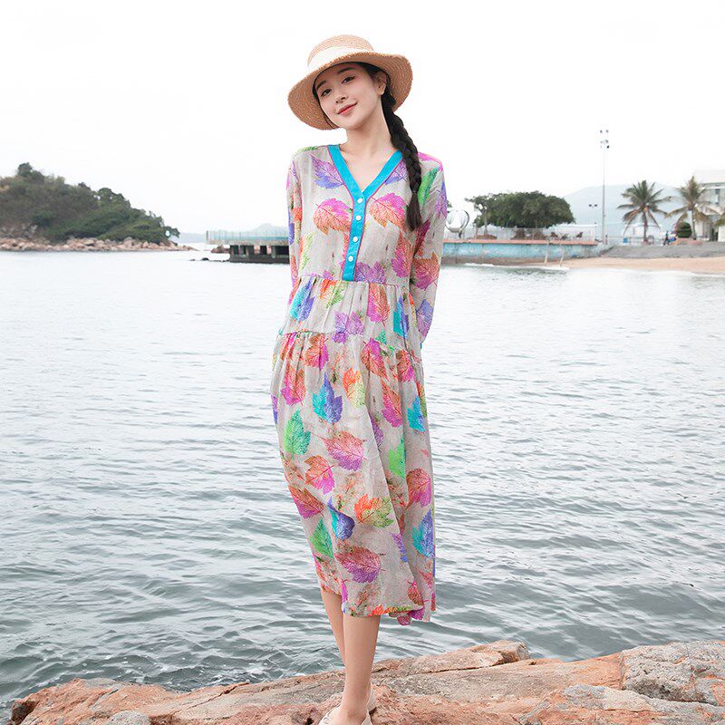 连衣裙2024春夏苎麻裙子仙女超仙森系女文艺显瘦粉紫棉麻v领a长裙