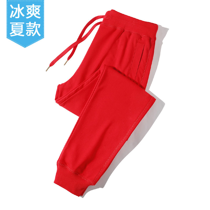 运动裤女夏季薄款宽松束脚长裤百搭显瘦休闲卫裤纯棉大码红色裤子