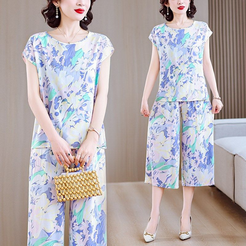 气质棉绸新款睡衣套装女2024夏季薄款妈妈家居服洋气阔腿裤两件套