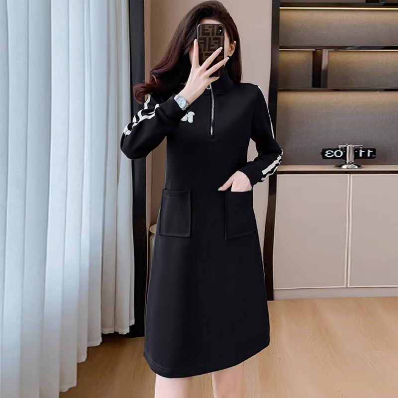 卫衣女秋冬2024新款秋季女士减龄中长款半拉链纯棉连衣裙加绒加厚