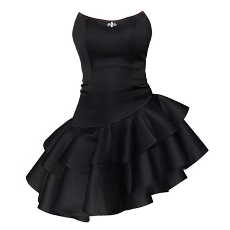 自制法式甜酷黑色连衣裙女夏抹胸生日礼服不规则蛋糕裙公主蓬蓬裙