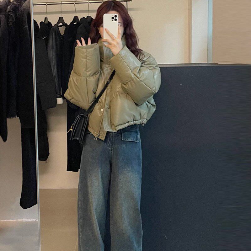 免洗PU皮羽绒棉服女短款2024新款宽松加厚面包服小个子棉衣外套冬