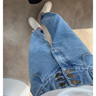 宽松显瘦老爹裤 胖妹妹mm多扣高腰牛仔直筒春夏薄款 200斤 女装 大码