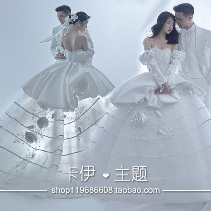 影楼新款法式缎面潮流抹胸婚纱欧式简约高级感主题摄影蕾丝花朵服