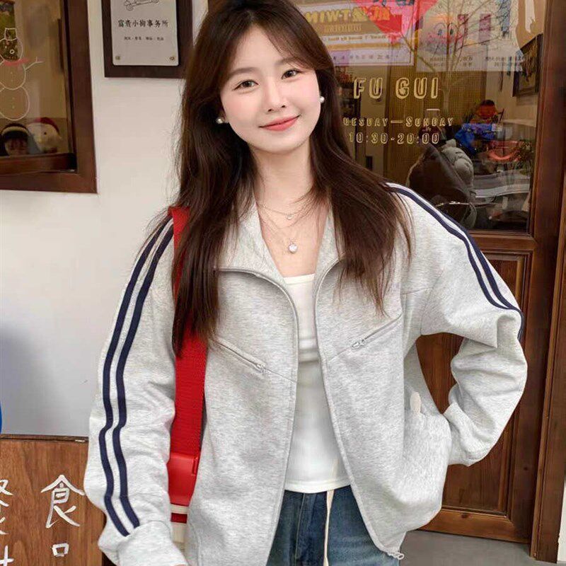 韩系灰色双杠拉链外套女春秋无帽小个子运动开衫高级感卫衣短夹克