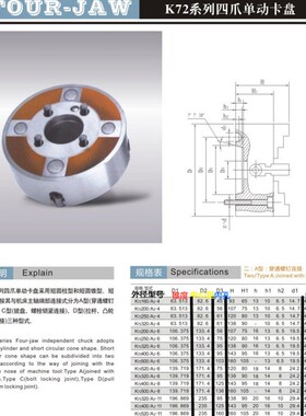 浙江园牌四爪单动卡盘K72-250A26 320A28短圆锥连接 云南沈阳机床