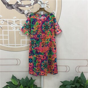 宽松百搭套头圆领半袖 新款 中长裙 棉麻花色连衣裙夏季 复古文艺短袖