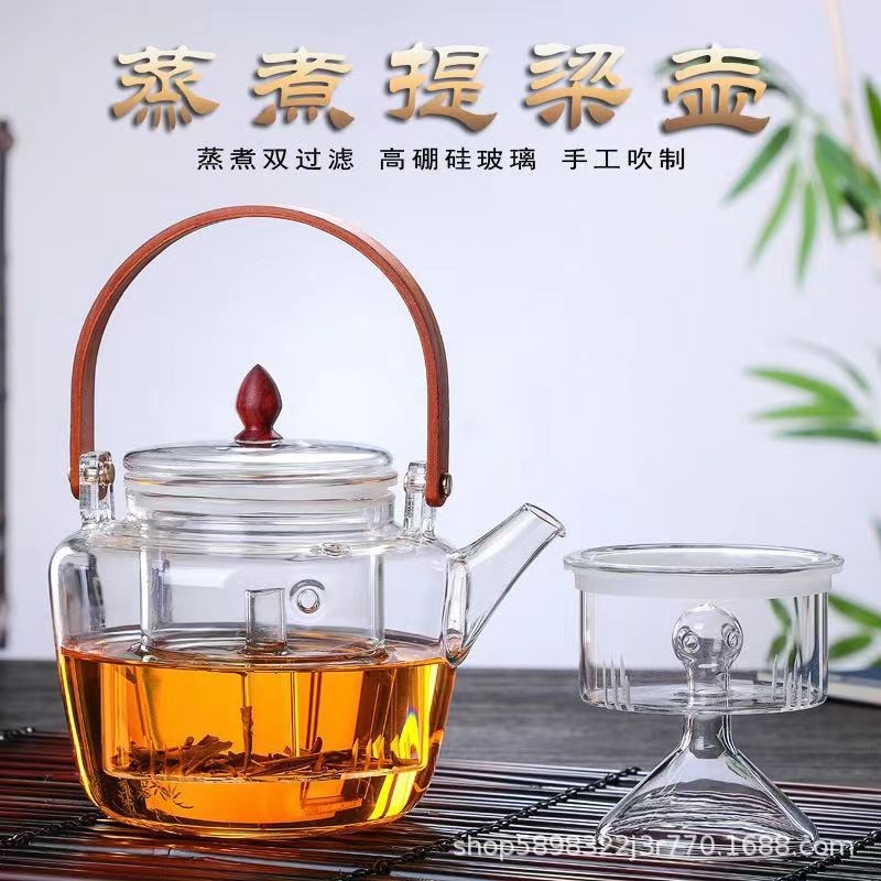 高硼硅玻璃电f煮壶可煮水泡茶提梁壶双层过滤高温人工吹制电煮壶