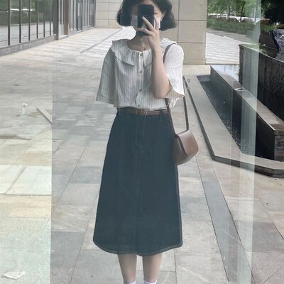 夏装搭配一整套小个子穿搭日系文艺短袖衬衫牛仔半身长裙两件套装