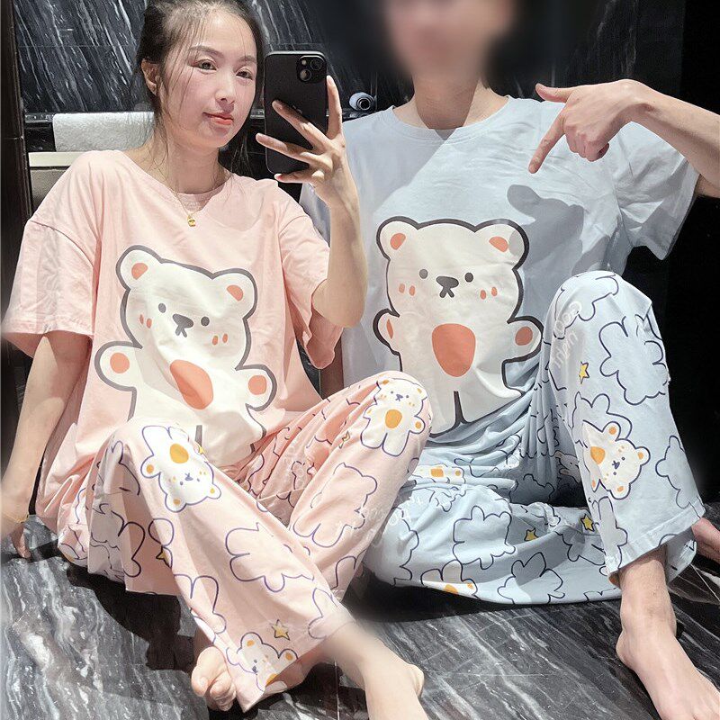 夏季短袖情侣睡衣薄款纯棉可爱卡通家居服大码胖mm200斤长裤套装