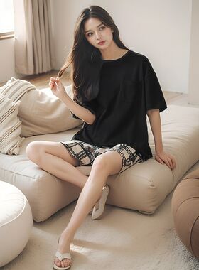 睡衣女夏季纯棉柔软两件套薄款可爱卡通女生夏天可外穿时尚家居服