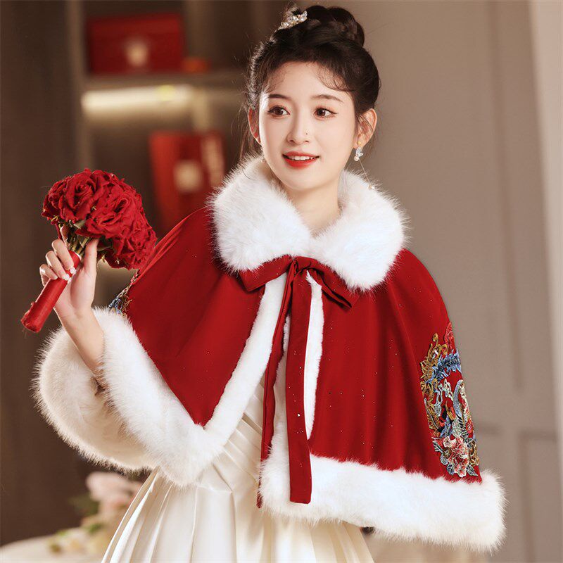 新娘结婚敬酒服婚纱披肩斗篷婚礼保暖披风酒红色伴娘皮草外搭冬季