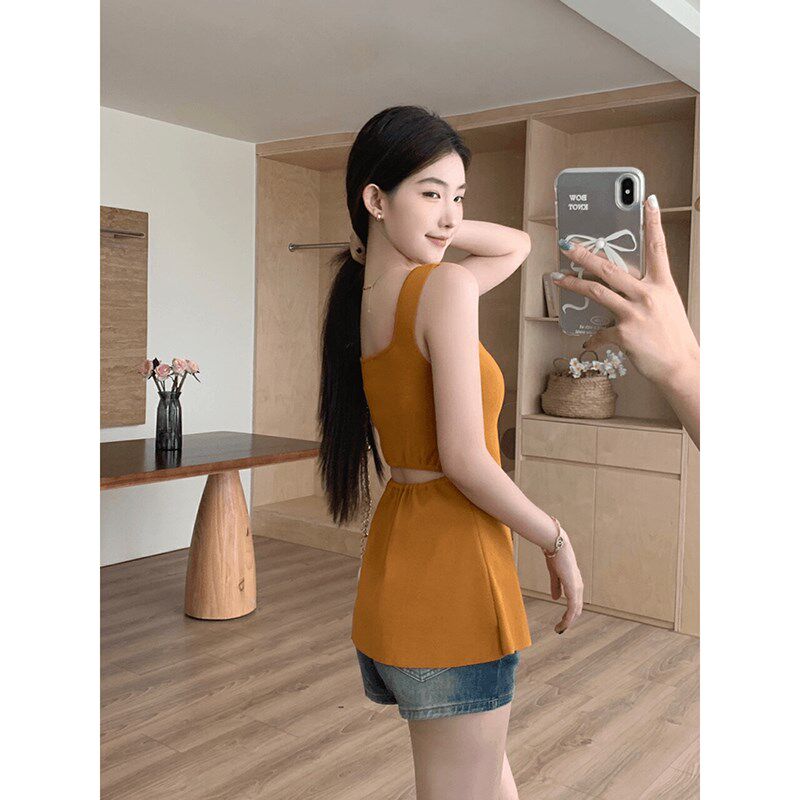 多巴胺音乐节穿搭橘色针织吊带背心女夏外穿修身后背镂空无袖上衣