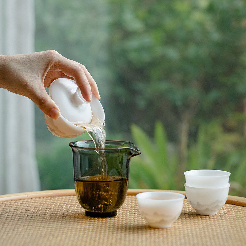冰种玉瓷一壶三杯旅行茶具水墨远山功夫泡茶碗户外便W携快客皮包