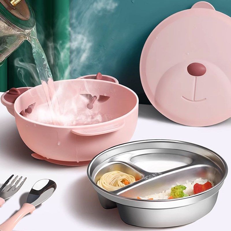 宝宝餐盘分格盘婴儿吸盘式316不锈钢吃J饭碗注水保温儿童餐具套装
