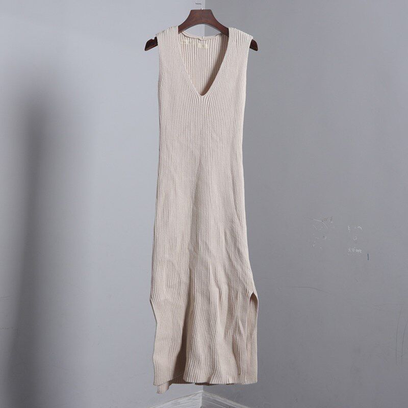 杏色长款无袖双边开叉裙针织连衣裙女修身长裙圆领春夏季新品显瘦