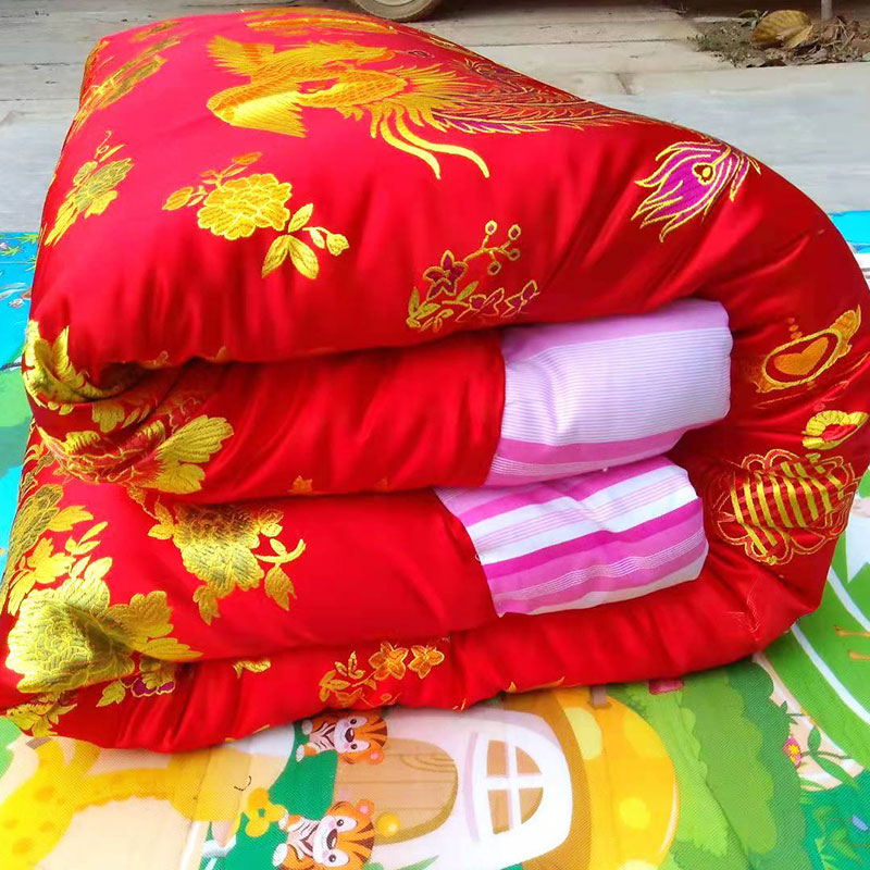 中式结婚喜被子陪k嫁婚庆被套大红大绿龙凤古代老式丝绸手工棉花