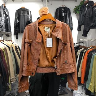 工装 时尚 拉链显瘦洋气皮夹克 机车pu皮衣外套女2021秋季 十三行短款