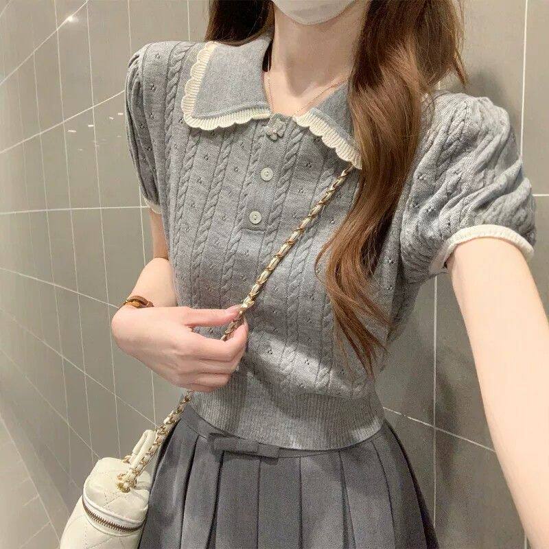 法式夏季甜美麻花短款娃娃领t恤女设计感针织小衫短袖学院风上衣