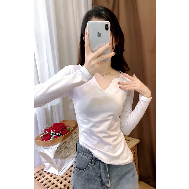 2024秋冬新款纯棉修身桃心V领长袖t恤女士内搭上衣简约百搭打底衫