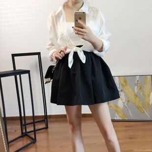 显瘦百褶 夏黑色松紧高腰a字半身伞裙秋冬花苞短裙女防走光蓬蓬裙