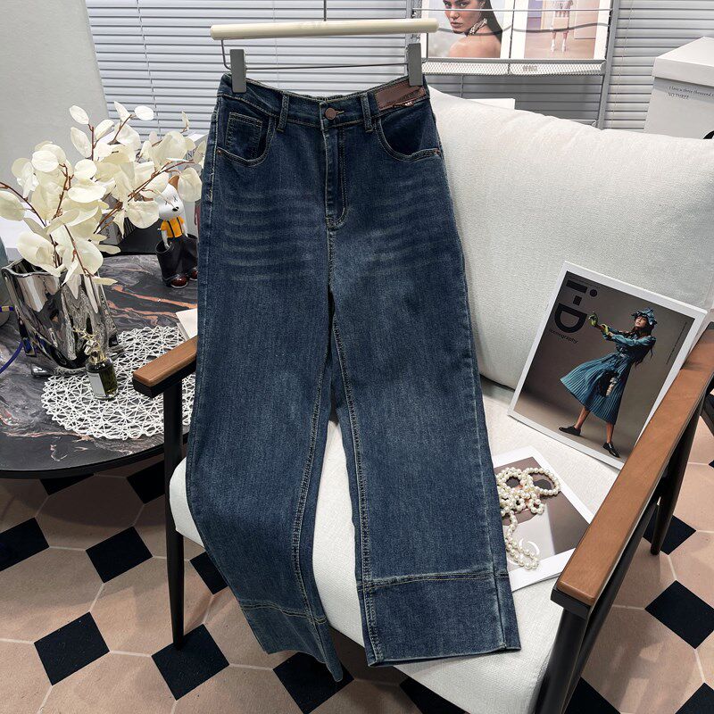 胡子叔大码胖mm拼接直筒九分弹力牛仔裤女梨形身材高腰法棍裤子潮