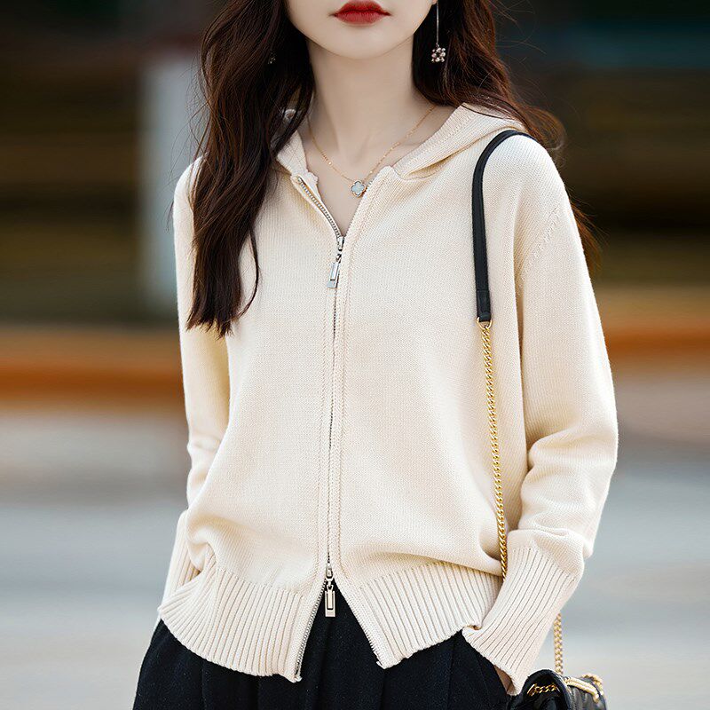 100%纯棉线连帽开衫女双拉链宽松全棉厚款针织毛衣不起球秋季外套