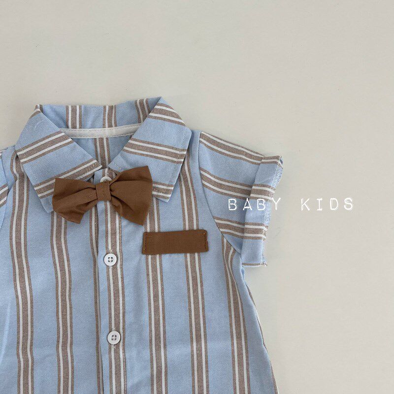 夏季男宝宝满月帅气条纹领结衬衫婴幼儿百天周岁外出连体衣爬服潮
