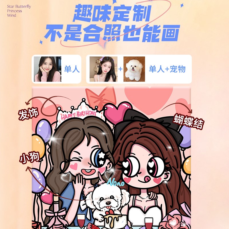 星蝶公主定制装饰画照片情侣卡通人像手工绘diy礼物闺蜜照片挂画