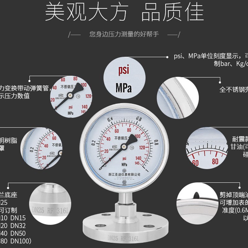 不锈钢耐震隔膜压力表YTP100BF 法兰连接DN25 316L