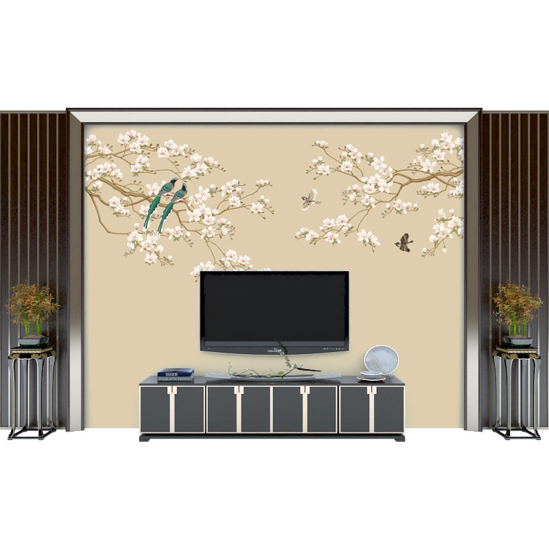 现代新中式花鸟电视背景墙壁纸 美式客厅影视墙P 卧室壁画墙纸墙