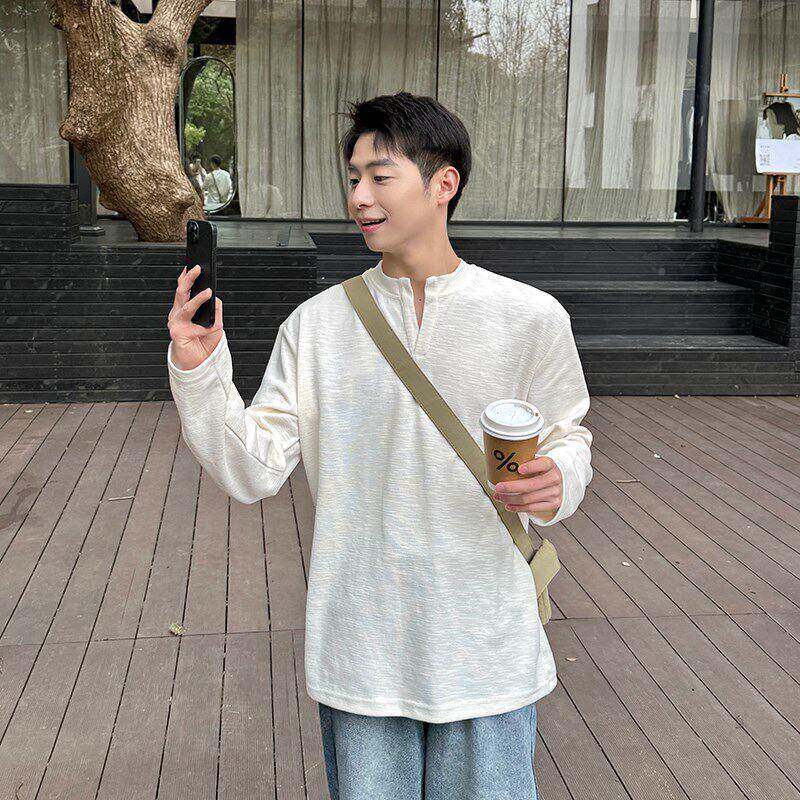 白色础小领套lPM4RWBO头长袖男恤生新款秋季日系简约基打底春衫纯