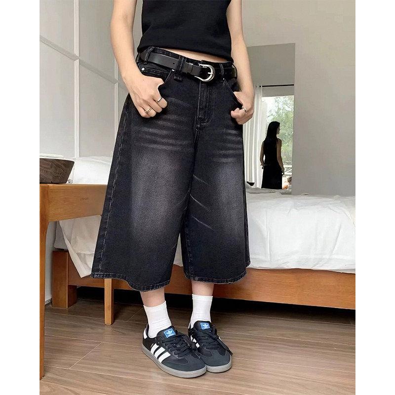 式覆仔古黑色Y8vdLobj牛七分裤女夏季新款宽水洗松五分裤美大尺码