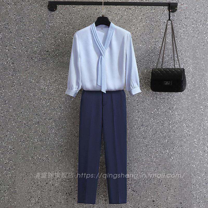 蓝色衬女高店端时尚气MJS质女神上班服套装酒前衫台空姐范制服工