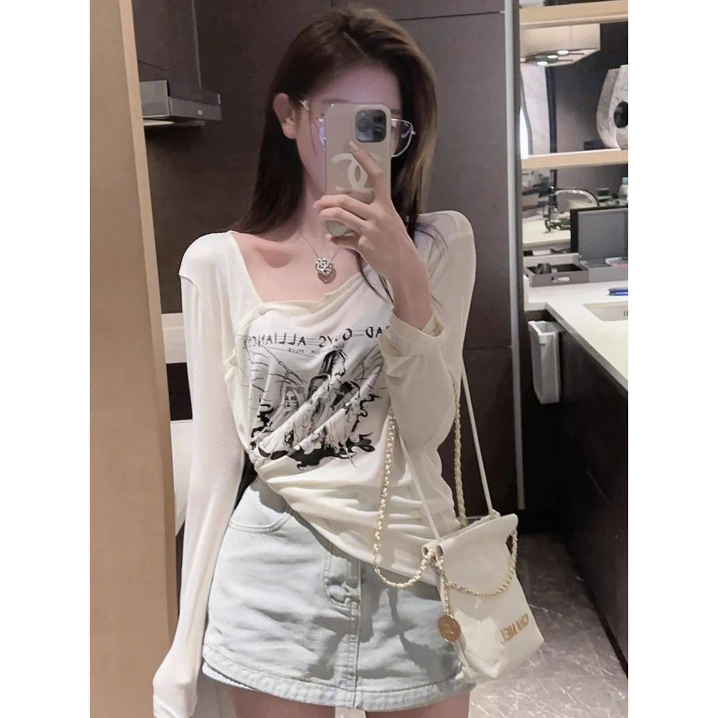 美式复古斜肩设计感印花长袖t恤女宽松慵懒风独特别致防晒上衣服