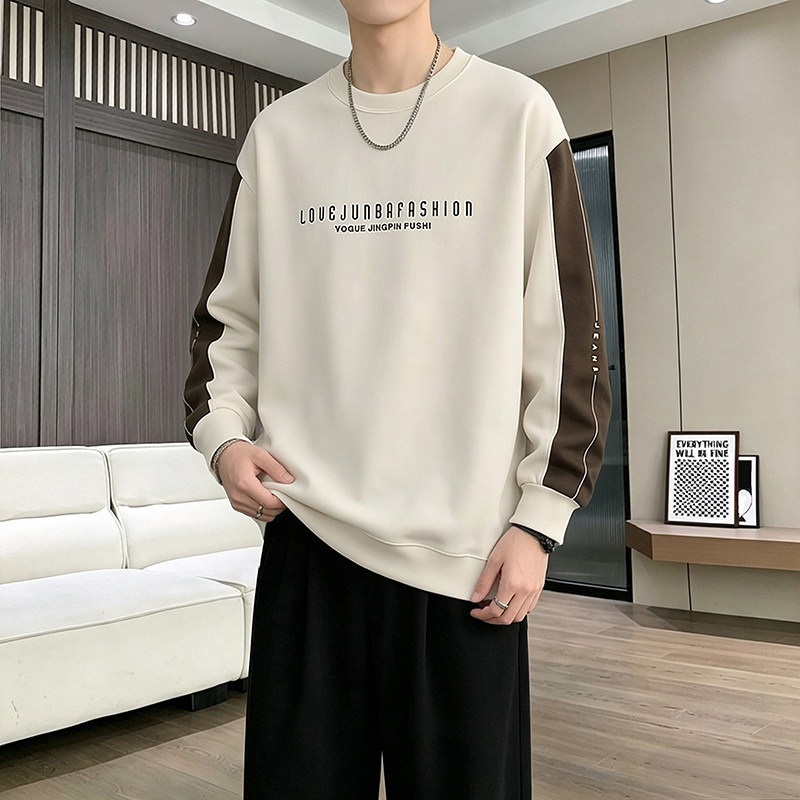 潮牌圆领长袖卫衣春秋款男装时尚拼接套头上衣宽松休闲内搭打底衫