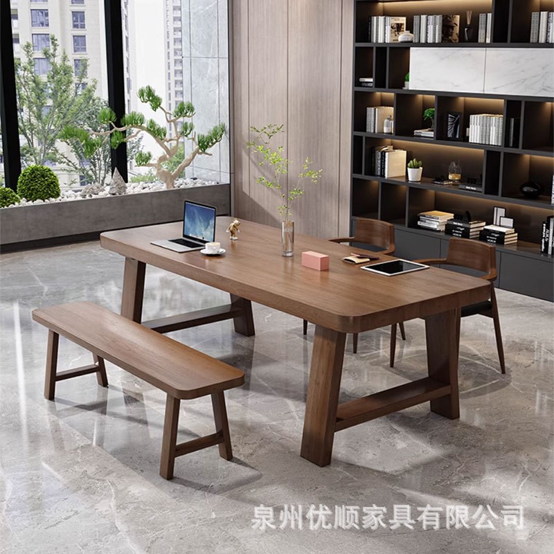 全实木会议桌长桌子工作台大板办公桌简约现代公司多人长条洽谈桌图片