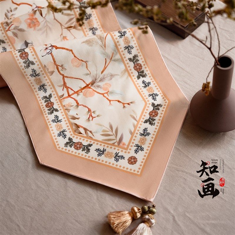 知画新中式桌旗卧室床旗餐桌中间长条桌布国风茶室绒布茶旗家用
