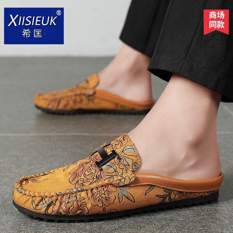 男款花色半托豆豆鞋潮流薄底懒人半拖鞋发型师夜店无后跟休闲皮鞋