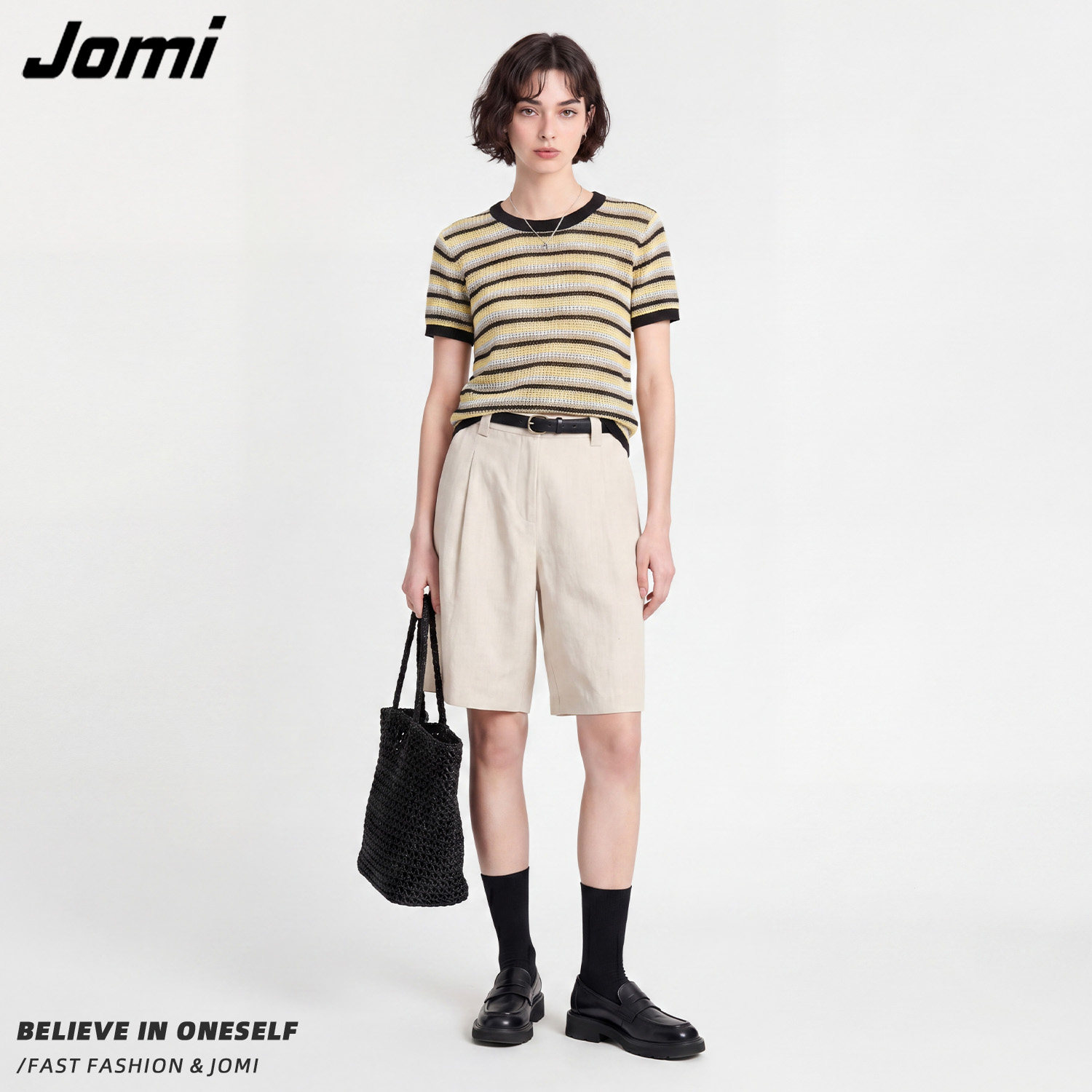 【雪欧尼粉丝专享】JOMI镂空透气条纹针织衫女士夏季显瘦百搭上衣